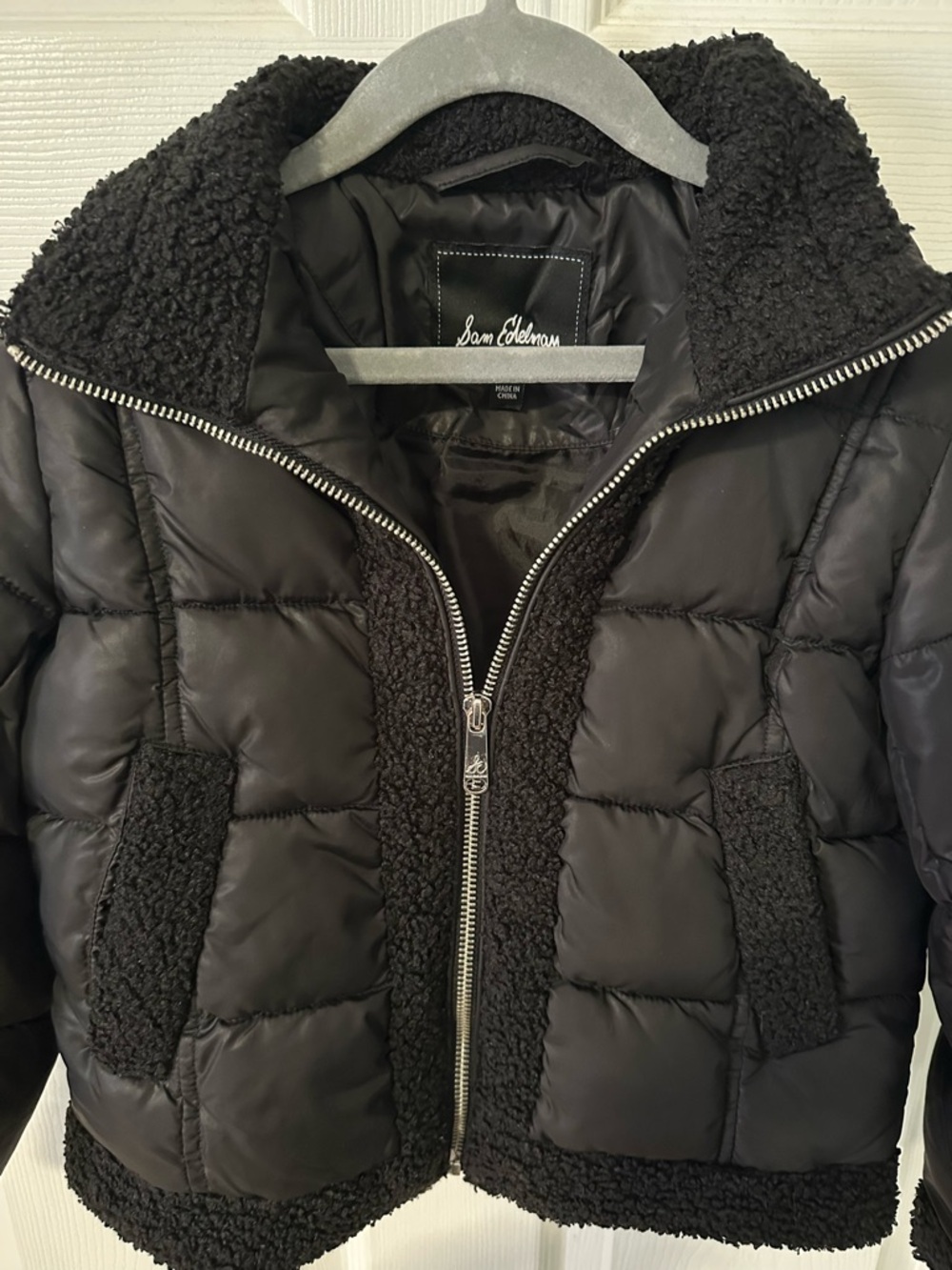 Sam Edelman Black Quilted Jacket with Sherpa Trim